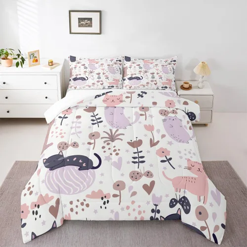 Vista 23 de Feelyou Juego de edredón de dibujos animados de gatos, juego de edredón de gatitos y flores, para niños, niñas, adolescentes, mascotas, gatos, juego