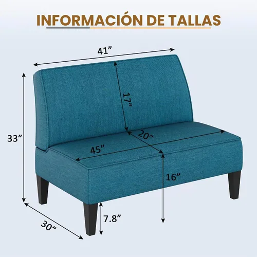 Vista 2 de Sofá biplaza pequeño, mini sofá azul, banco tapizado con respaldo para sala de estar, dormitorio, oficina, sin brazos