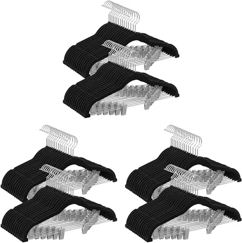 Vista 12 de SONGMICS Paquete de 20 perchas para pantalones, perchas de terciopelo de 16.7 pulgadas de largo con clips ajustables, perchas resistentes