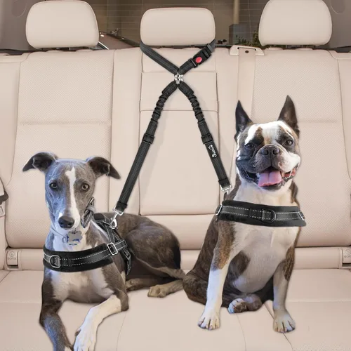 Vista 7 de Lukovee Cinturón de seguridad doble para perro, nuevo cinturón de seguridad doble para reposacabezas de automóvil, sin enredos, correa para perro
