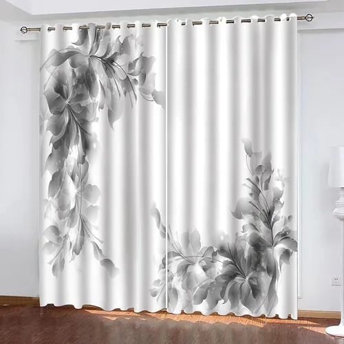 Vista 3 de Cortinas de ventana, diseño de hojas 3D, juego de cortinas con ojales, cortinas de oscurecimiento con ojales, cortinas de ventana gris y blanco