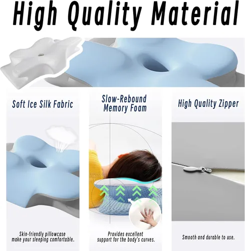Vista 4 de Almohada cervical para cuello y hombro, almohadas ergonómicas de espuma viscoelástica para dormir con funda de almohada lavable, almohada Azul Cielo