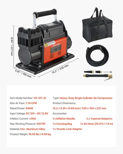 Vista 7 de VEVOR Compresor de aire de 12V de servicio pesado, inflador de neumáticos portátil con parada automática y pantalla LCD digital, bomba de aire todo