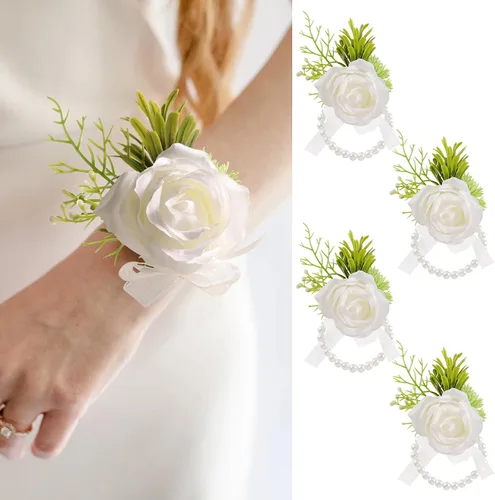 Vista 14 de Garisey Flores Artificiales Rosas Blancas Flores de Muñeca y Boutonniere para Hombres Flores de Boda Ceremonia Baile de Graduación