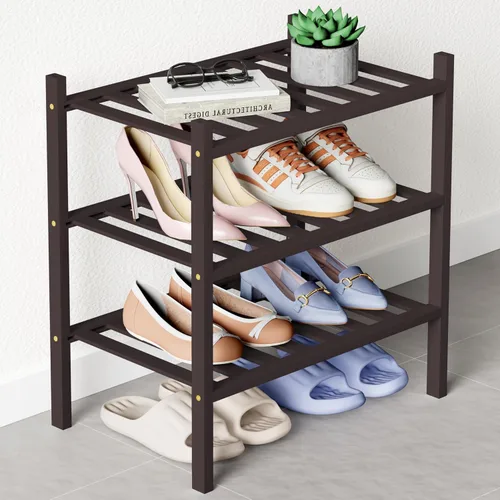 Vista 88 de Smiry Zapatero de bambú para armario, organizador de zapatos de madera de 3 niveles, estante apilable de almacenamiento de zapatos de madera