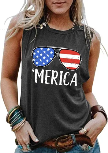 Vista 3 de Camisetas sin mangas con diseño de bandera estadounidense para mujer, camisetas casuales sin mangas para el 4 de julio