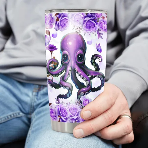 Vista 3 de Dorris Vaso de pulpo personalizado aislado con tapa, nombre personalizado, taza de café de viaje morada, tazas térmicas, regalo novedoso para Para