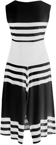 Vista 3 de Photno Vestido Midi De Las Mujeres De La Raya Vestido Casual Sin Mangas De Las Mujeres Vestido De Fiesta De Cuello