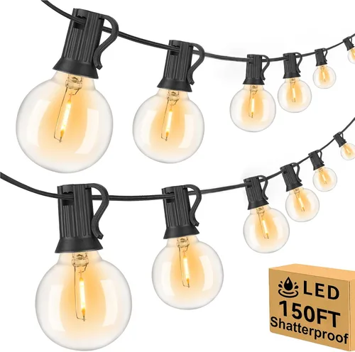 Vista 8 de Guirnalda de luces para exteriores de 100 pies, impermeable, conectable, regulable con 52 bombillas LED inastillables, paquete de 2 tiras de luces