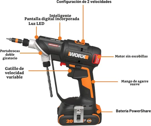 Vista 10 de WORX Taladro Atornillador Inalámbrico, 20V 445 in·lb Taladro Atornillador Eléctrico sin Escobillas, Perforación y Atornillado Potente, Diseño 2