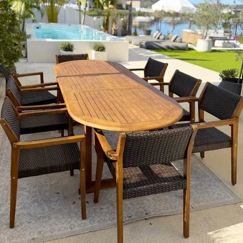 Vista 5 de PHI VILLA Juego de 7 piezas de madera de acacia para comedor al aire libre para 6, mesa y sillas de madera de teak expandibles, gran juego