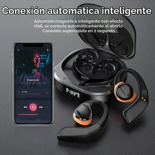 Vista 2 de Auriculares inalámbricos Bluetooth de oreja abierta, control táctil, conducción de aire, auriculares deportivos IPX5 impermeables, 50 horas de Negro