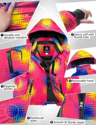 Vista 6 de GEMYSE Chaqueta de esquí impermeable para niña, chaqueta de invierno a prueba de viento con capucha