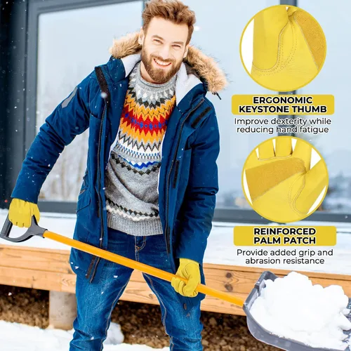 Vista 4 de HANDLANDY Guantes de trabajo de invierno para hombres y mujeres, repelentes al agua, guantes de trabajo de cuero genuino aislados para clima frío