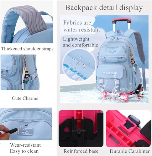 Vista 5 de EKUIZAI Mochila clásica con ruedas para niñas, color sólido, mochila escolar con ruedas, Gris