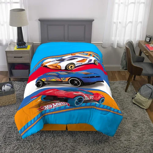 Vista 5 de Franco Ropa de cama para niños, edredón reversible de microfibra súper suave, tamaño individual/matrimonial, Hot Wheels (paquete de 4)