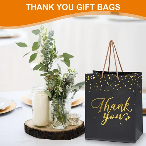 Vista 5 de PAICUIKE 20 bolsas de regalo negras y doradas con asas, tamaño mediano, bolsas de agradecimiento a granel para bodas, fiestas y pequeñas empresas