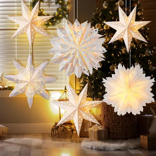 Vista 8 de Watersay Paquete de 6 Faroles de Papel de Copo de Nieve de Navidad Faroles de Papel de Estrella de Navidad con 6 Luces LED Blancas Ornamentos