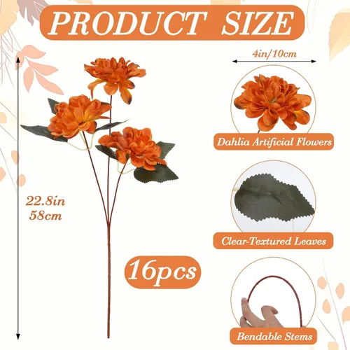 Vista 3 de Ramo de flores artificiales de dalia de seda naranja quemada, arreglo de flores de imitación para mamá, decoración de terracota, flores falsas