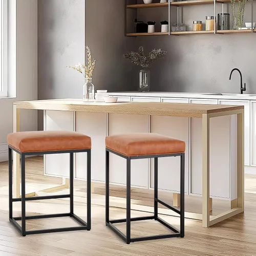 Vista 3 de Juego de 3 taburetes de bar marrones para encimera de cocina, taburetes de bar modernos sin espalda de 24 pulgadas, taburetes de bar industriales