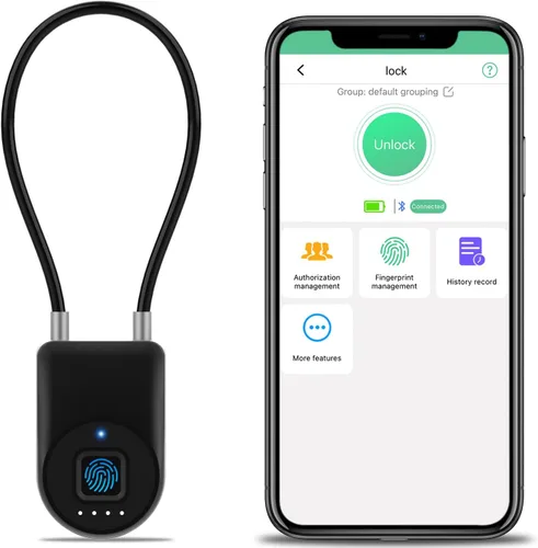 Vista 9 de Candado inteligente de cable de huellas dactilares, 6 pulgadas de largo con aplicación Bluetooth de huellas dactilares, biométrico sin llave