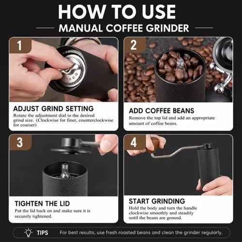 Vista 4 de Molinillo de café manual, rebabas de acero inoxidable, ajustes de molienda ajustables, manivela portátil para expreso, goteo, prensa francesa