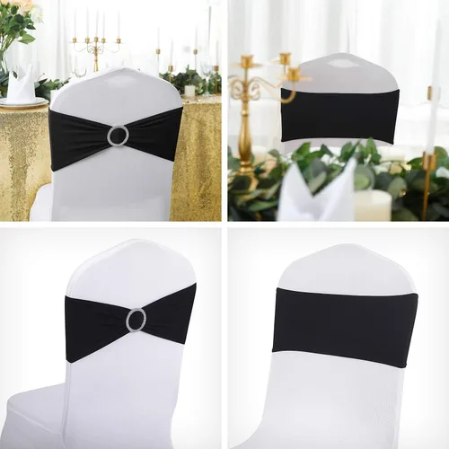 Vista 9 de Peomeise - 25 bandas elásticas de elastano negro para sillas con hebilla deslizante, para decoración de bodas y fiestas