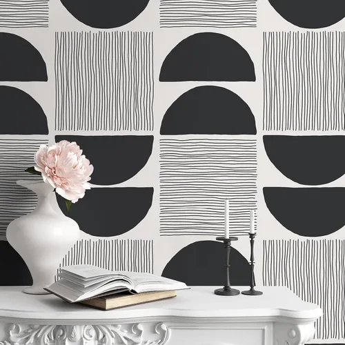 Vista 5 de VEELIKE Papel tapiz moderno de mediados de siglo en blanco y negro, papel tapiz geométrico abstracto para dormitorio, baño, 17.7 x 118 pulgadas