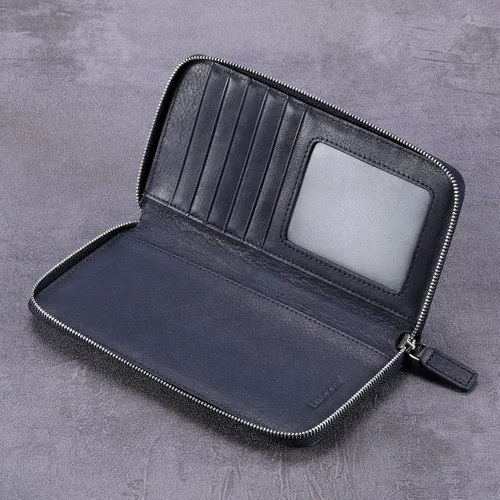 Vista 5 de HISCOW Funda de cuero para chequera, billetera con cremallera, color azul Aniline Cuero Azul