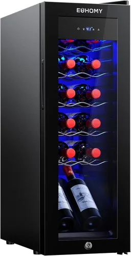 Vista 13 de EUHOMY Nevera de vino independiente de 18 litros, mini nevera para 4 botellas y 6 latas para vino tinto y blanco, bodega con pantalla digital LED