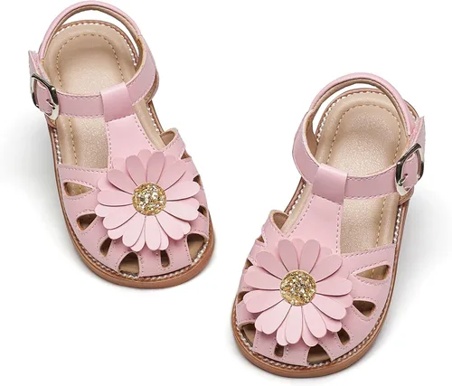 Vista 51 de Sandalias de verano para niñas con puntera abierta, sandalias planas de princesa con suela cómoda D742 Oro