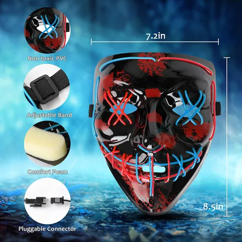 Vista 6 de YEHUARIS Halloween Purge Mask,2 Color LED Light up Mask for Adult Men Women Kids,Scary Glow Mask with 4 Lighting Mods