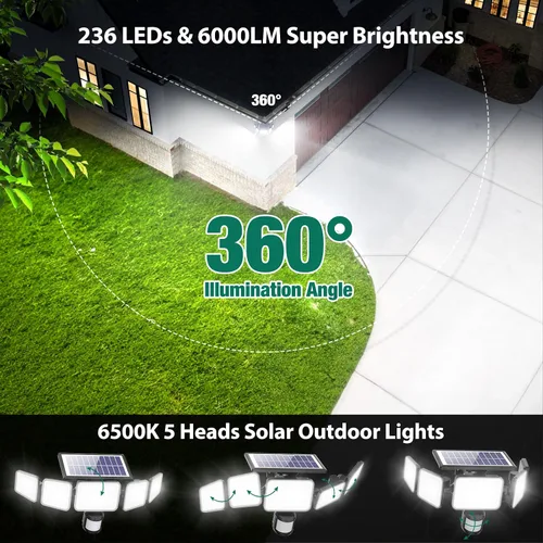 Vista 10 de Luces solares para exteriores, 4000LM con 5 cabezas, sensor de movimiento, 236 LEDs, 3 modos, luces de pared de seguridad IP65 impermeables, luces