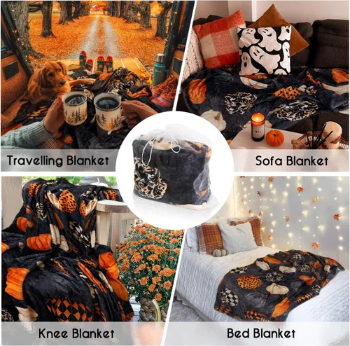 Vista 2 de Manta de calabaza de Halloween, manta de vellón de otoño, regalos de calabaza para mujeres, manta de franela de Halloween para el hogar, sala