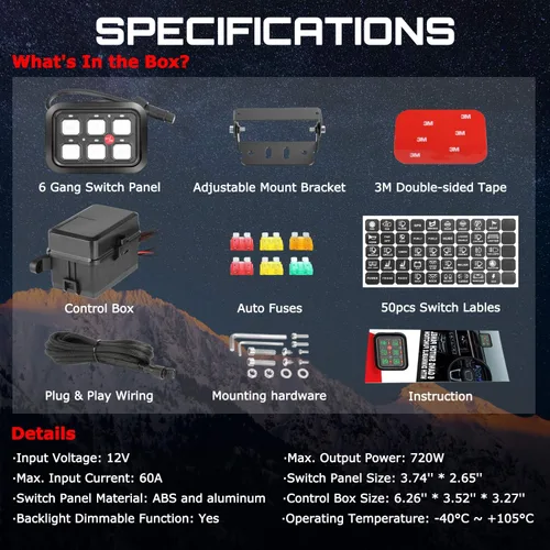 Vista 7 de OFFROADTOWN Panel de interruptores de 6 bandas, automático regulable y universal, sistema de relé de control de circuito con fusible, interruptor