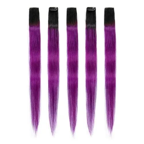 Vista 23 de Winsky Extensiones de cabello morado con clip – 100% cabello humano real de color para niñas, piezas de cabello de Halloween, 5 piezas/juego