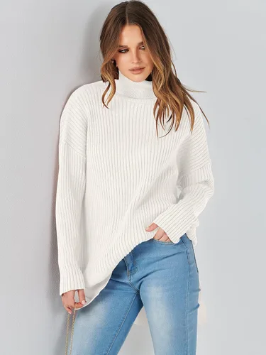 Vista 5 de ANRABESS Suéter de cuello alto de gran tamaño para mujer 2023, suéter de punto acanalado de moda para otoño