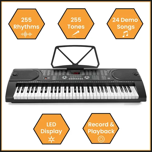 Vista 2 de Teclado de piano electrónico de la marca Hamzer, modelo 61-Key, portátil, con atril, taburete, auriculares y micrófono