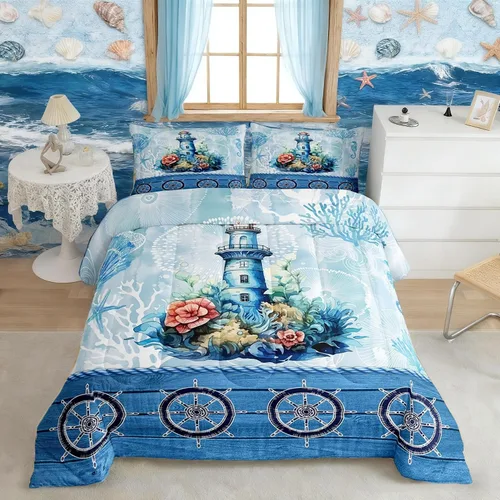 Vista 20 de Castle Fairy Juego de edredón de verano para niños, tamaño individual, diseño náutico reversible con diseño náutico de estrellas de mar, barco y Azul