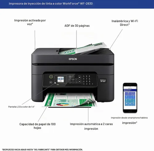 Vista 4 de Epson Workforce WF-2830 Impresora inalámbrica todo en uno de inyección de tinta a color, copia y fax de escaneo de impresión, impresión automática