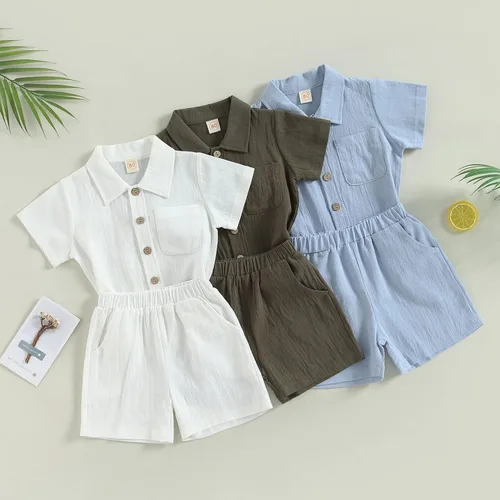 Vista 2 de Conjunto de ropa de verano para bebé y niño, con botones, de manga corta, con bolsillo, color liso, para el verano