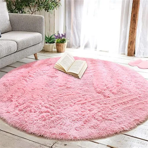 Vista 2 de Alfombra redonda rosa para dormitorio, alfombra circular esponjosa de 4 pies para habitación de los niños, alfombra suave antideslizante, alfombra