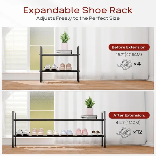 Vista 4 de Bumusty estante de zapatos de 2 niveles largo y expandible para clóset, estante de zapatos ajustable de 46-112 cm para entrada, estante organizador