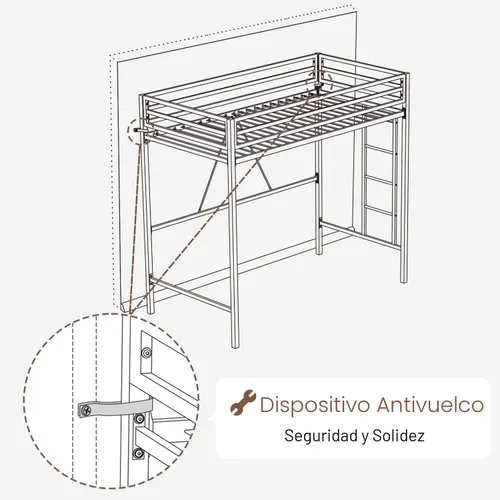 Vista 9 de ikalido - Cama tipo loft de metal, tamaño individual, con barandilla de seguridad y escalera, color blanco crema No necesita somier, muebles