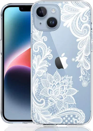 Vista 36 de Compatible con iPhone 14, funda protectora de encaje negro transparente con flores florales a prueba de golpes, parte trasera dura, delgada, bonita