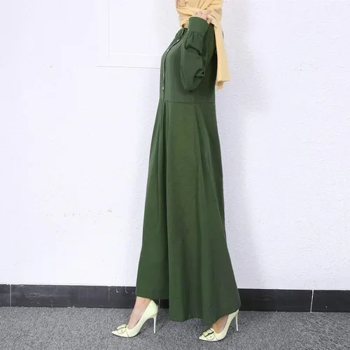 Vista 5 de Vestido largo de lino de algodón para mujer, de manga larga, con botones lisos, cuello redondo, para otoño, casual, hasta el tobillo