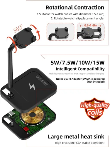Vista 4 de Base de carga inalámbrica universal 2 en 1 con soporte ajustable para reloj inteligente, compatible con Samsung Galaxy, Google Pixel, Huawei