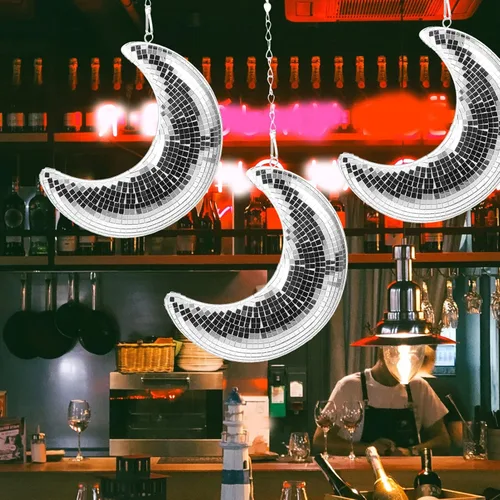 Vista 7 de DOITOOL Bola de discoteca, difusor de bola de discoteca colgante en forma de luna con cadena de 20 pulgadas para fiesta de discoteca, adornos