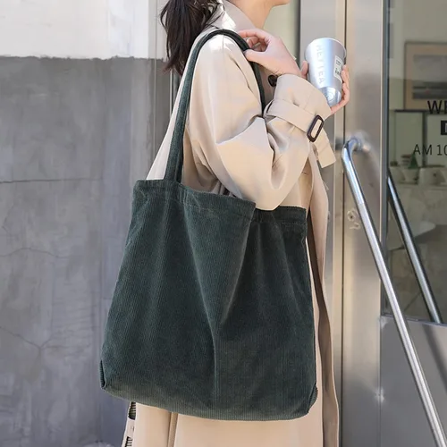 Vista 2 de Bolso de mano de pana para mujer, de gran capacidad, informal, con bolsillo interior con cremallera
