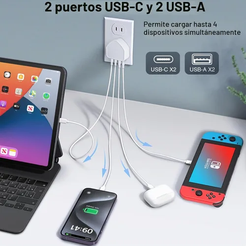 Vista 2 de Bloque de cargador USB C de 40 W, cargador de pared plana de 4 puertos, bloque de carga rápida [USB A y USB C] Adaptador de corriente multipuerto C